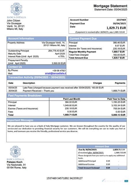 Download Italy Bank of Italy mortgage statement Word and PDF template Photoshop template
